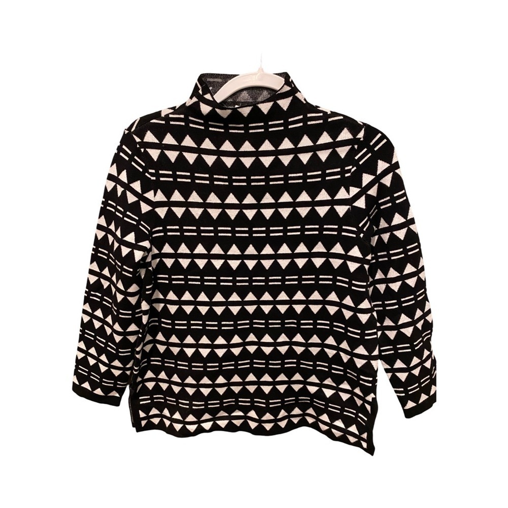 Anne Klein Black/Ivory Mock Neck Geometric Print Sweater Top NWT Size S